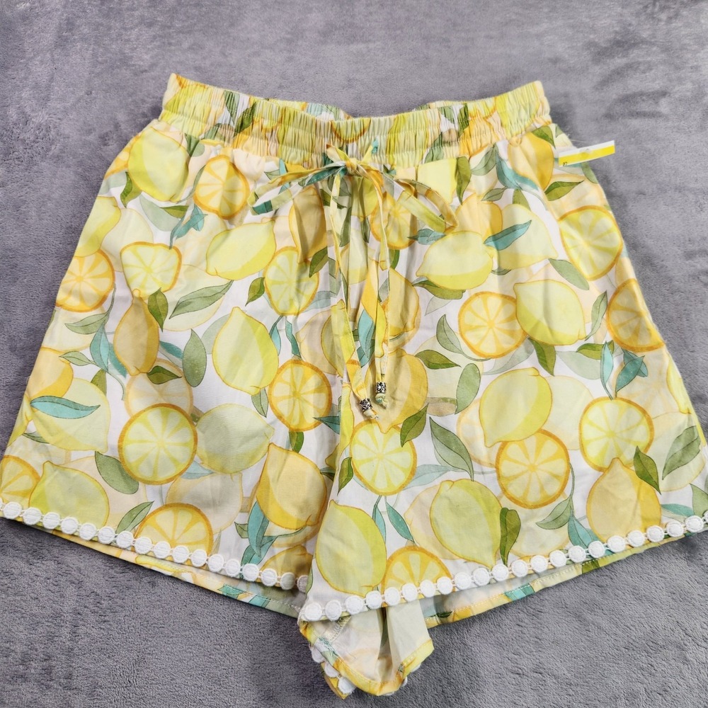 New AVEC LES FILLES Lemon Print Pull-On Shorts Small S Resort Wear Pom Pom Trim